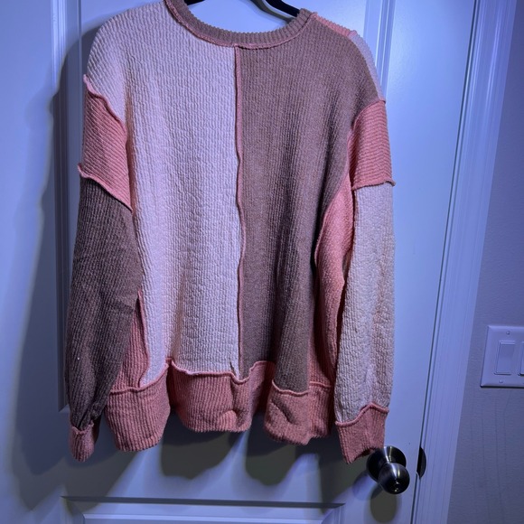 Fantastic Fawn Colorblock Waffle Knit Sweater Pullover Pink Tan Brown Size L - Picture 2 of 4